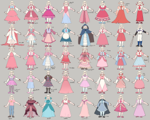 Orobelle in 45 different outfits, most of them with pink, white, and blue palettes.